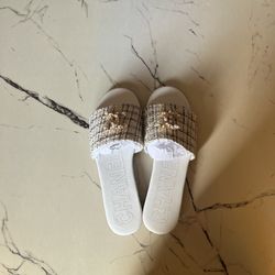 White Tweed Slide Sandals with Gold Detail-size 6