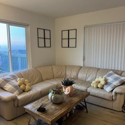 Cream/Beige Leather Sectional Couch