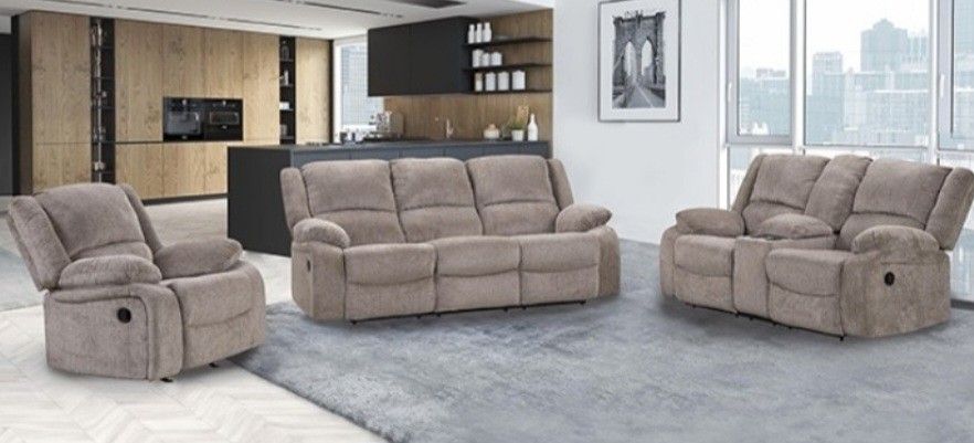 Brand New Mocha Chenille 3pc Reclining Sofa Set