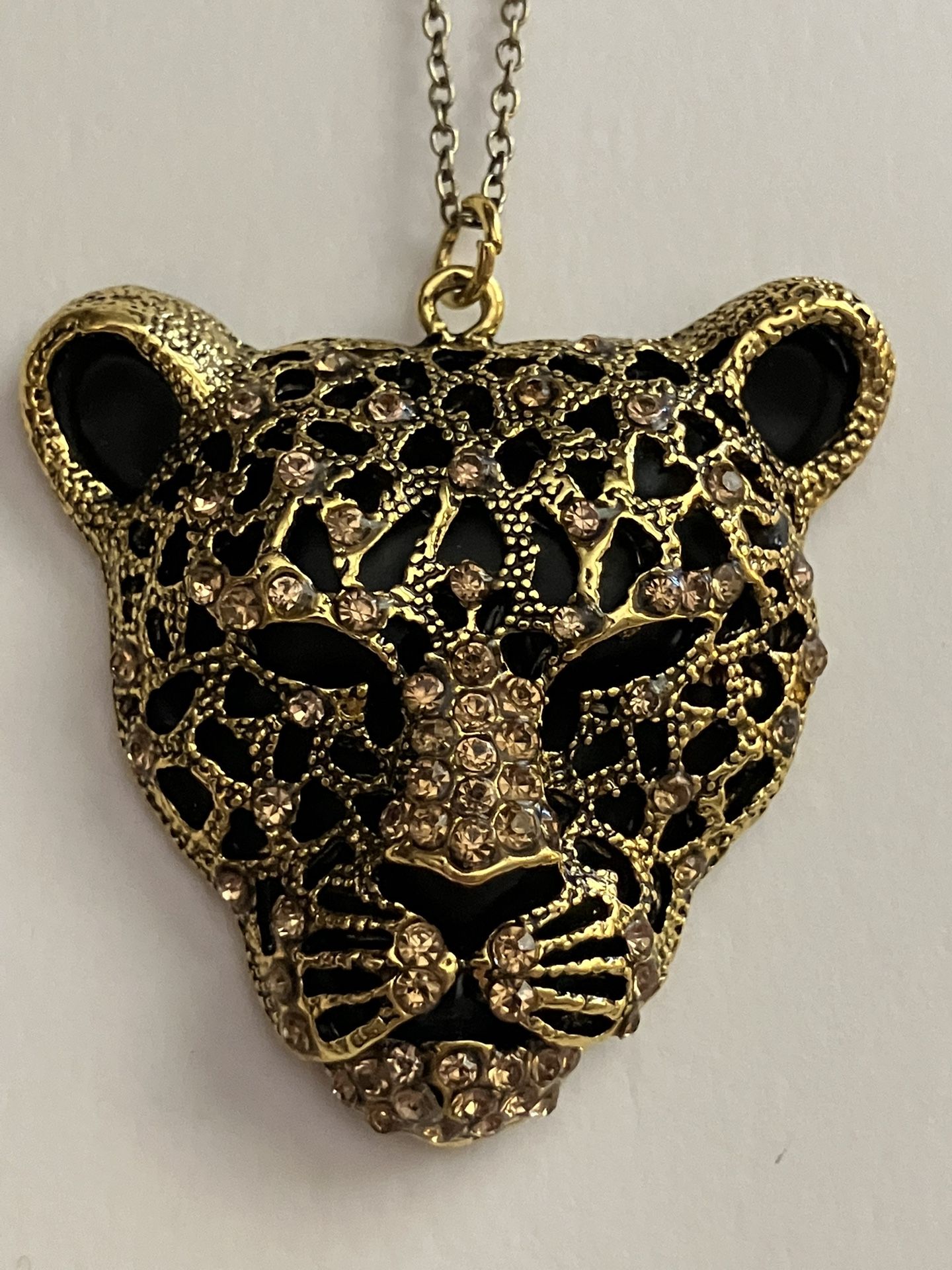 Rhinestone Leopard Face Pendant Charm Necklace - New Jewelry Lion Cat