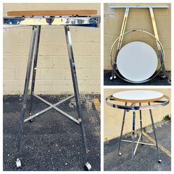 Folding 36” Round Garment Display Retail Rack, Adjustable Height, Casters, Alloy Steel, Chrome.