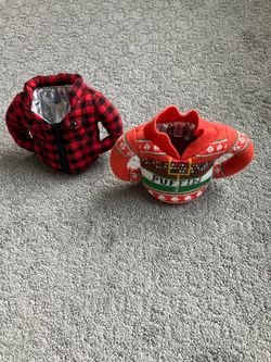 2 Puffin Beverage Jackets - Red Lumberjack & Holiday Ugly Football Sweater