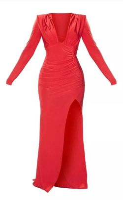 Red Slinky Shoulder Padded Wrap Skirt Maxi Dress