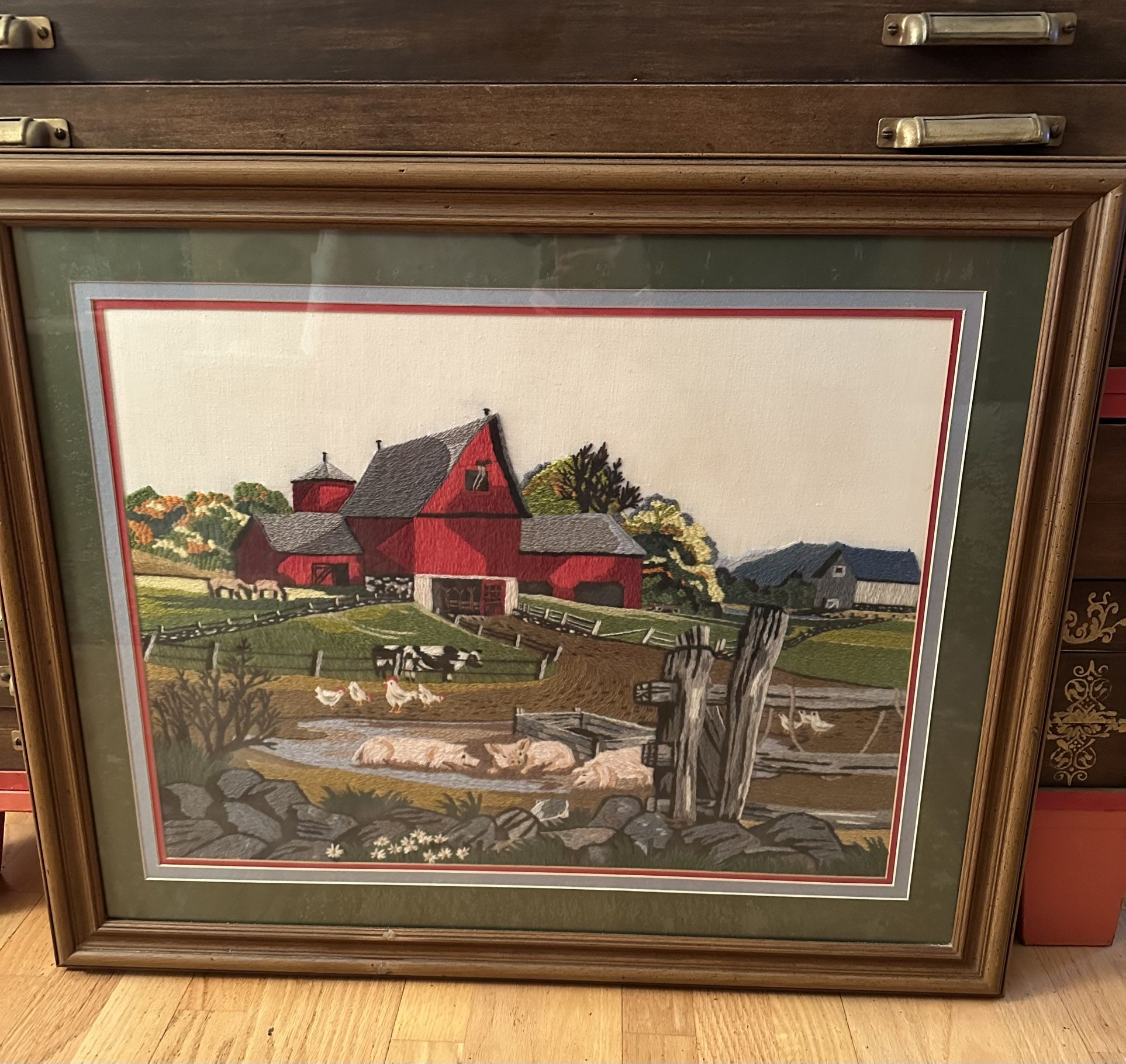 Vintage Barn Yard Crewel Picture