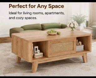 Modern Farmhouse Coffee Table with Sliding Rattan Door – Natural Oak Finish