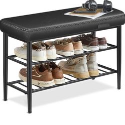 VASAGLE Shoe Rack Bench Storage Bench Leather with Stitching Mid-Century Modern - Black