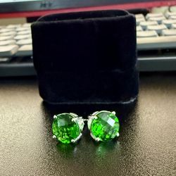 Helenite Cushion-Cut Earrings – 5.5-6.2 CT Total – 10x10mm – Sterling Silver (.925) – Volcanic Green Gemstones