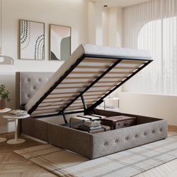 Queen Size Upholstered Lift up Storage Platform Bed Frame with Fabric Button Tufted Wingback Headboard, Beige