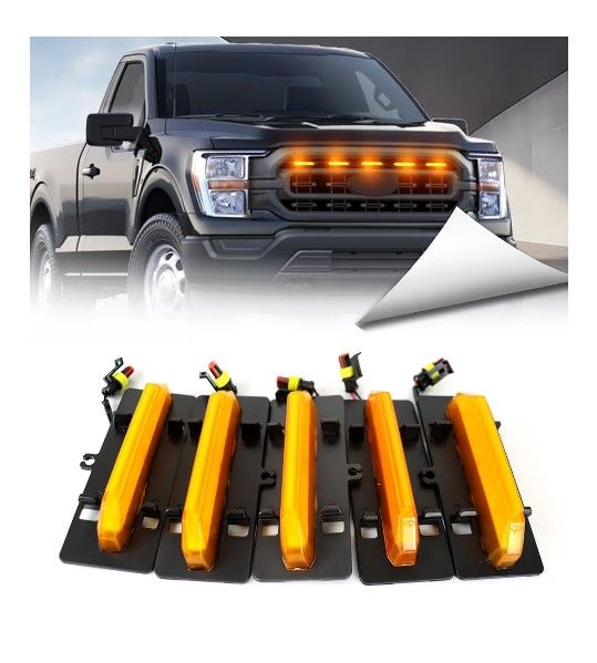 LED 5pcs Front Grille Lights Compatible with 2021 2022 2023 F150 XL/XLT/XLT Sport Wiring Upgrade Grill Lamp Amber Daytime Running Light Accessories (A