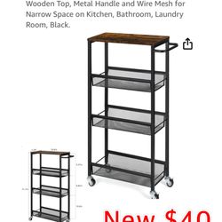 New 4 Tier Slim Storage Cart, Narrow Shelving Unit for Small Space, Slide Out Rolling Cart with Wooden Top, Metal Handle and Wire Mesh for Narrow Spac