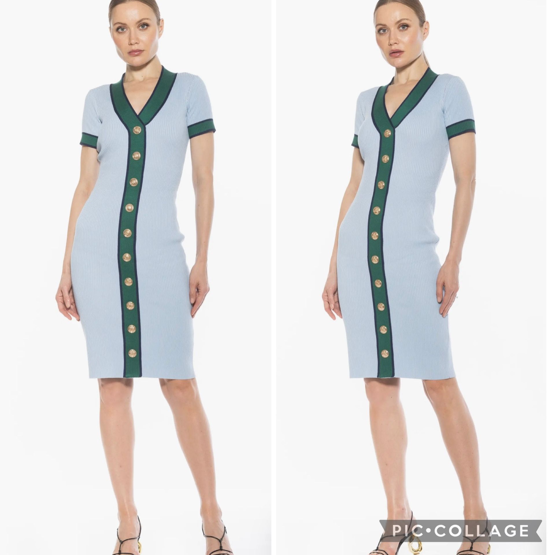 Alexia Admor Otto V-neck Blue & Green Short Sleeve Ribbed Sweater Dress XS
