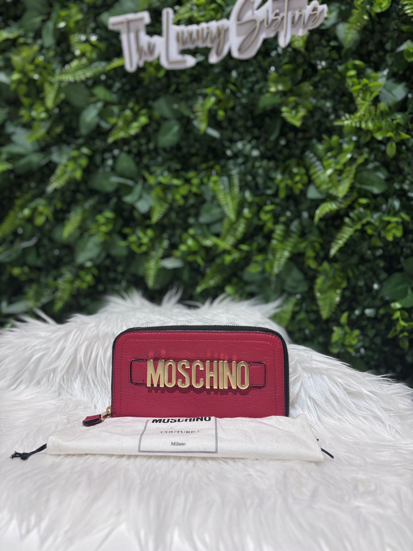 Moschino Logo Pebbled Leather Zip-Around Wallet