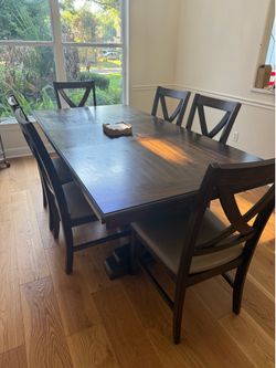 Dark Wood Trestle Dining Table with 6 X-Back Chairs