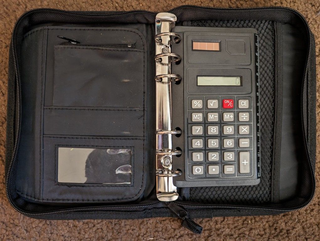 Travel Note Organizer, Calculator, Ruler, 6 Ring Binder For Notes, Zipper Pouch, Business Card Pocket, Secure Pen + Pencil Holder, Net Holder Behind C