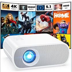 Projector, Native 1080P Full HD Bluetooth Projector with Speaker, 9500 Lumens Outdoor Portable Movie Mini Projector Compatible with Laptop, Smartphone
