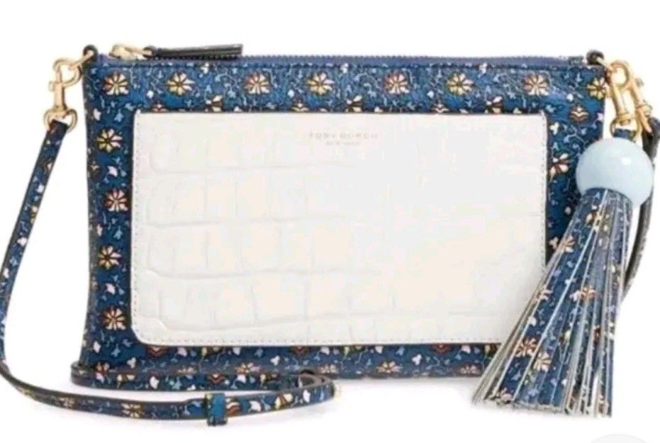 Tory Burch floral Color Block Tassel Crossbody Blue Wild Pansy Bag Xlarge tassel