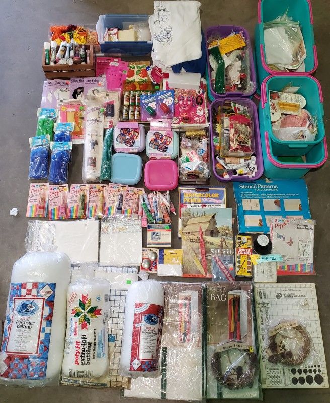 Huge Art & Crafts Supplies Lot! Fabric Oil Paints Stencils Beads Carriers MORE!