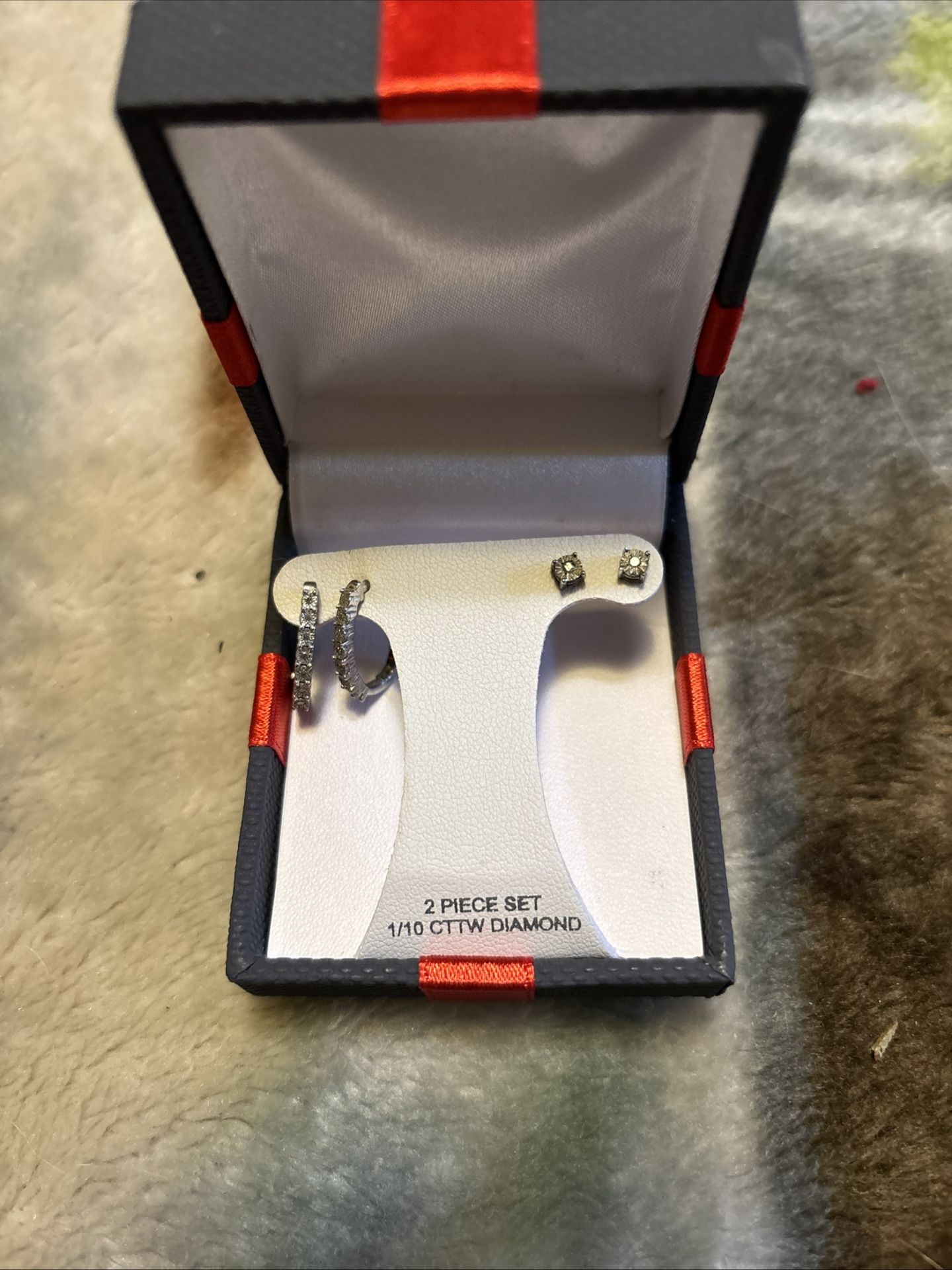 Gift Boxed 2pc Sterling Silver 1/10ct Diamond Earrings Hoop And Stud Retail $124