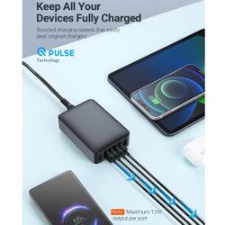 USB Charging Station, 60W 6-Port USB Charging Hub, 6-in-1 Desktop USB Charger, Compact Travel USB Charger for iPhone 13/13 Pro/iPhone 12, Galaxy, Etc 