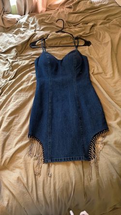 Denim Mini Dress with Crystal Fringe Hem