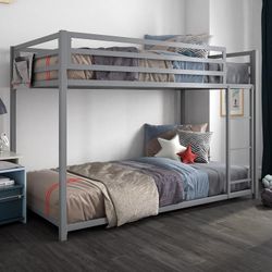 DHP Miles Low Metal Bunk Bed Frame for Kids, With Built-in Ladder, High Guardrail and Metal Slats, Floor Bed Bottom. silver