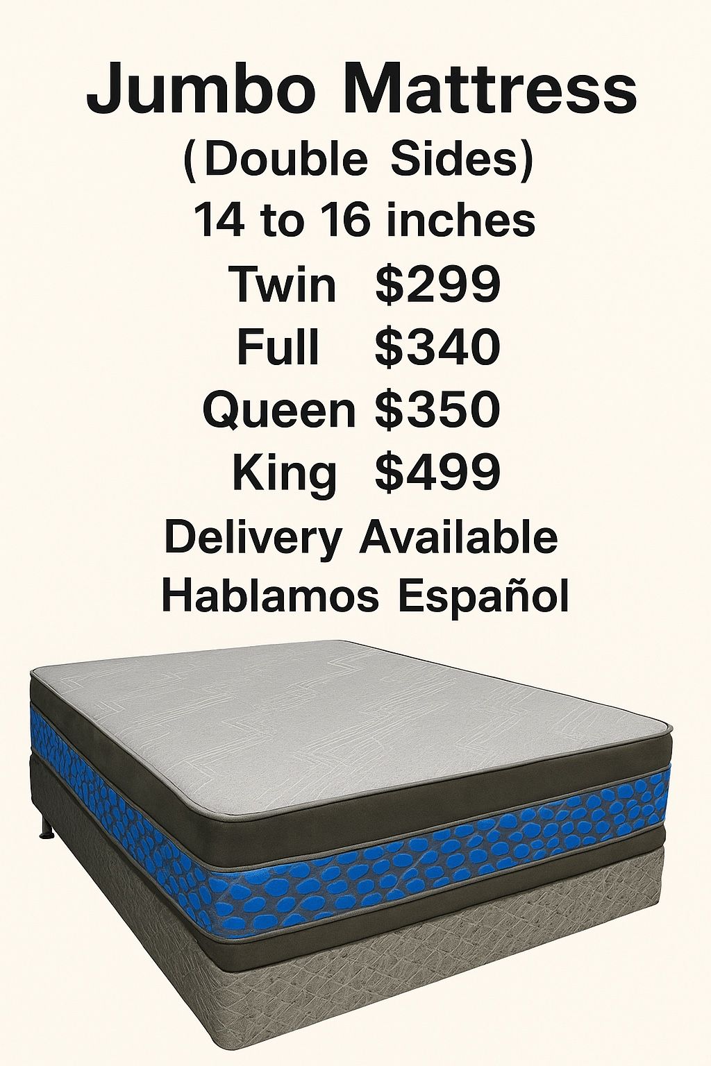 Queen Pillows Top - 14 To 16 Inch - With Free Box Spring - Same Day Delivery 