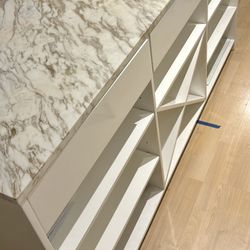 CB2 White Kitchen Island with Marble Top