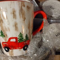 Holiday Ceramic Red Truck Mugs 4 Cups