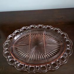 Pink Depression glass relish dish in the 'Old Colony Lace Edge' pattern by Anchor Hocking