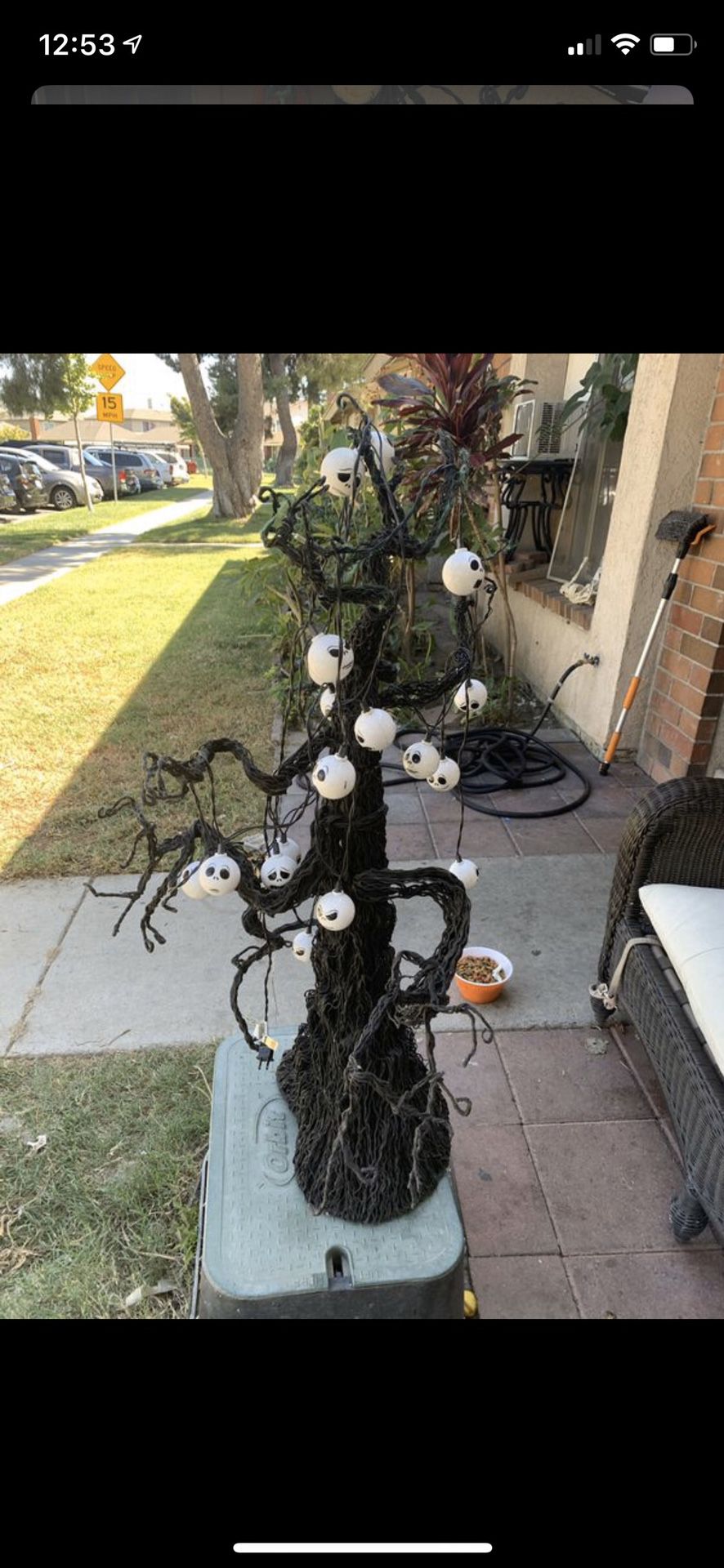 Black tree with jack skellington lights
