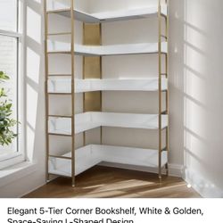 Elegant Five Tier Corner Bookshelf In White And Gold