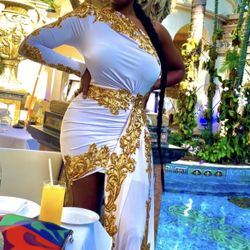 Custom made One shoulder Stunning white and gold statement dress