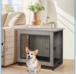 Dog Crate Furniture, Double-Doors Kennel Indoor with Removable Tray, End Table Dog House for Small Breed, 27.2" L, Grey