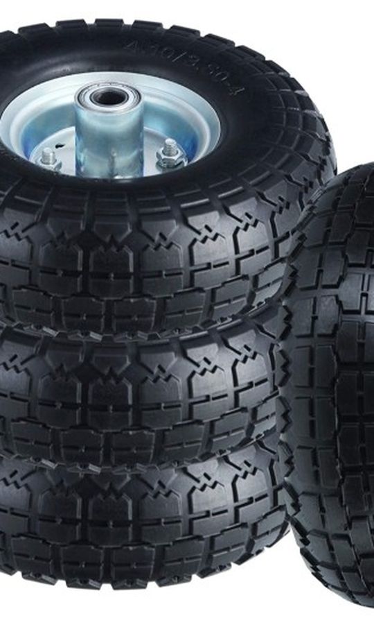 10" Flat Free Tires Solid Rubber Tyre Wheels,4.10/3.5-4 Air Less Tires Wheels with 5/8" Center Bearings,for Hand Truck/Trolley/Garden Utility Wagon Ca