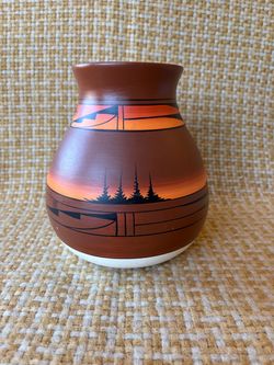 Vintage Navajo Art Pottery Vase – Hand-Painted Sunset Scene – Signed WJ