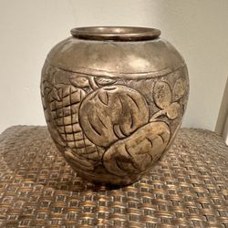 Ornate, Hammered Brass Vase With Fruit Design