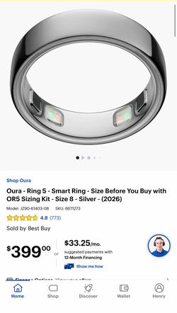 Oura Ring 5 Smart Ring Silver Size 8