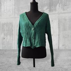 American Eagle Green Ribbed Knit V-Neck Button Cardigan Sweater Long Sleeve S