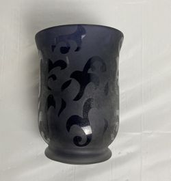 Frosted Blue Glass Vase or Votive with Scroll Design