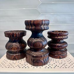 Set of 3 vintage 70s  Chunky carved solid wood with a dark finish candle holders
