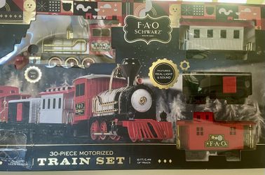 F•A•O Schwarz 30-Piece Motorized Train Set 18 Ft Track, 4 Unique Train Cars, Realistic Sound, Light Up Led Lamp Battery Operated
