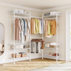 L3 Wall Mounted Metal Pipe Closet System Heavy Duty Corner Garment Rack Max Load 950LBS with 4 Telescopic Rods & 6 Wire Shelves Black Industrial Modul