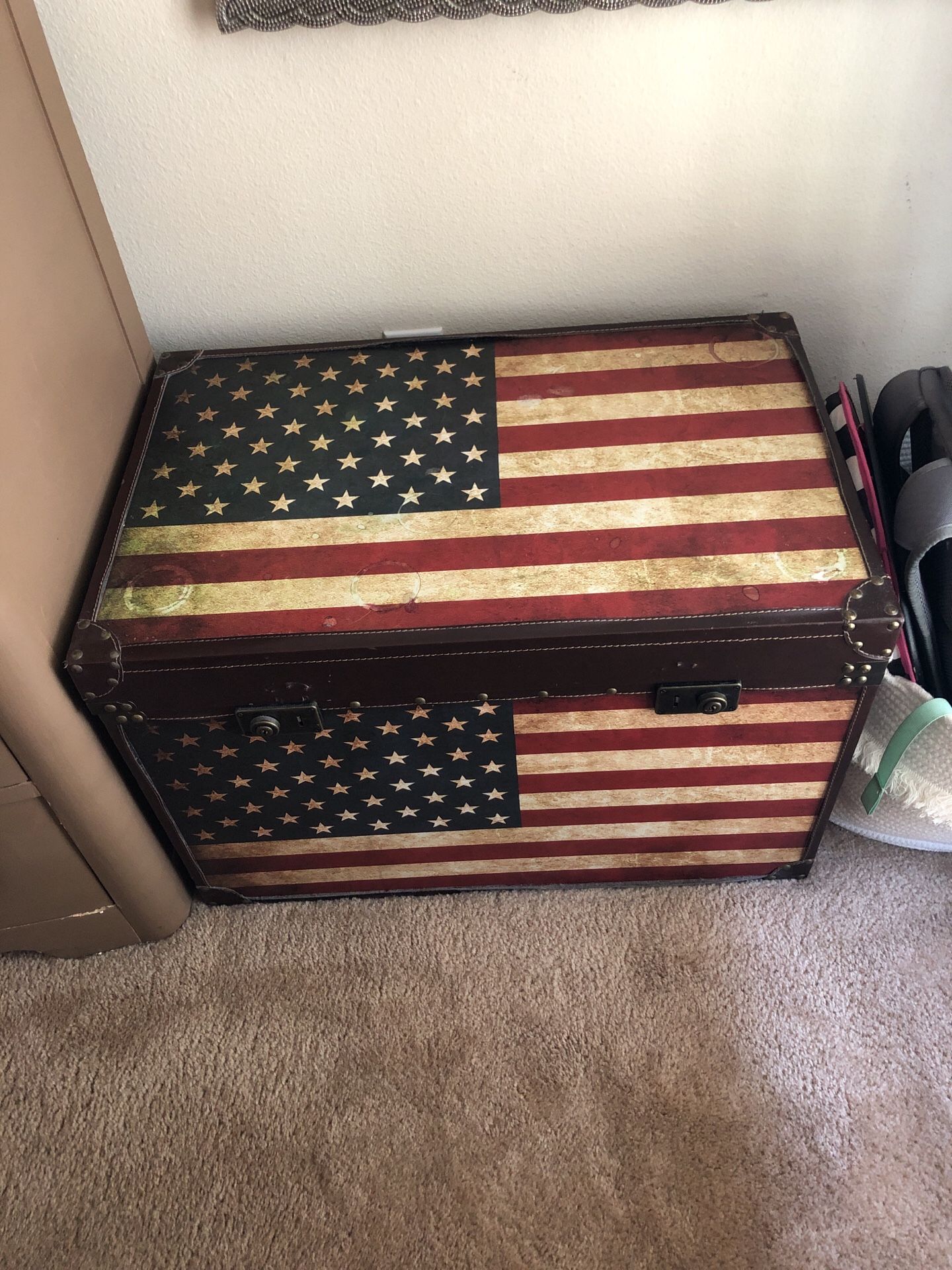 Rustic American flag trunk for sale