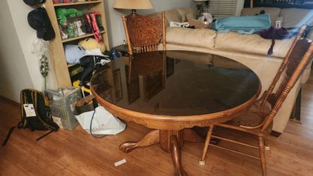 Wooden Table with Glass Top and 6 Chairs
