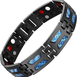 Stylish High-End Black Blue Carbon Fiber Titanium Steel 4 Elements Double Row  Magnetic Bracelet