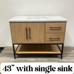 43” Solid wood Bathroom Vanity Cabinet Single Sink Stone Countertop (Open Box)