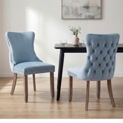 Modern Tufted Upholstered Dining Chairs with Full Back Set of 2, Light Blue Velvet Dining Room Chair with Solid Wood Legs, Sillas de Comedor, Kitchen 