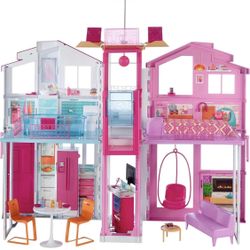 Barbie 3-Story Townhouse Dollhouse with Elevator, Swing Chair, Furniture and Accessories, Fold for Portability and Travel