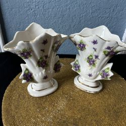 2 Beautiful Violets and Gold Vase.  22K Gold Trim Bone China