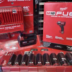 MILWAUKEE M18 FUEL 1/2” MID -TORQUE  IMPACT WRENCH  #2962-20  Plus BATTERY 5.0 And CHARGER  PLUS 9 Pc  SAE. IMPACT WRENCH   read Below